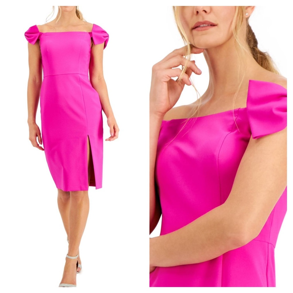 Aidan Mattox Pink Slitted Bow Sleeve Off the Shoulder Midi Dress Formal Knee
